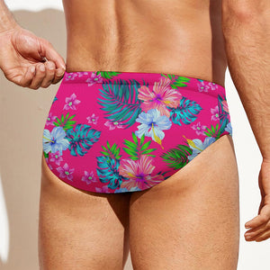 Hot Pink Aloha Hibiscus Pattern Print Men's Swim Briefs