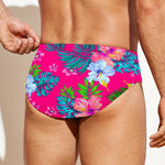 Hot Pink Aloha Hibiscus Pattern Print Men's Swim Briefs