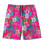 Hot Pink Aloha Hibiscus Pattern Print Men's Swim Trunks