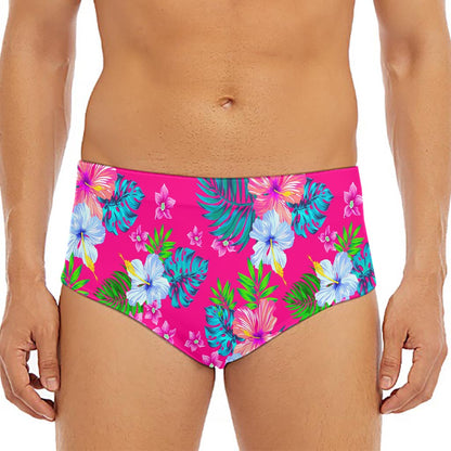 Hot Pink Aloha Hibiscus Pattern Print Men's Triangle Swim Briefs