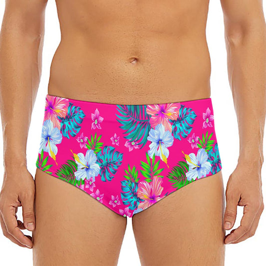 Hot Pink Aloha Hibiscus Pattern Print Men's Triangle Swim Briefs