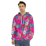 Hot Pink Aloha Hibiscus Pattern Print Men's Velvet Pullover Hoodie
