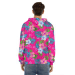 Hot Pink Aloha Hibiscus Pattern Print Men's Velvet Pullover Hoodie