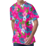 Hot Pink Aloha Hibiscus Pattern Print Men's Velvet T-Shirt