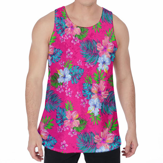 Hot Pink Aloha Hibiscus Pattern Print Men's Velvet Tank Top