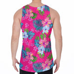 Hot Pink Aloha Hibiscus Pattern Print Men's Velvet Tank Top