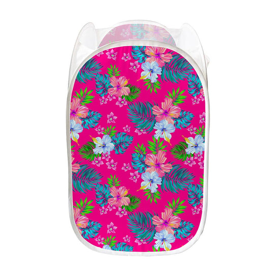 Hot Pink Aloha Hibiscus Pattern Print Mesh Laundry Hamper