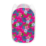 Hot Pink Aloha Hibiscus Pattern Print Mesh Laundry Hamper