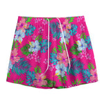 Hot Pink Aloha Hibiscus Pattern Print Mesh Shorts
