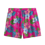 Hot Pink Aloha Hibiscus Pattern Print Mesh Shorts