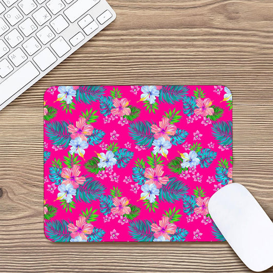 Hot Pink Aloha Hibiscus Pattern Print Mouse Pad