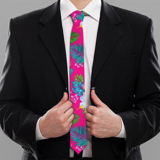 Hot Pink Aloha Hibiscus Pattern Print Necktie