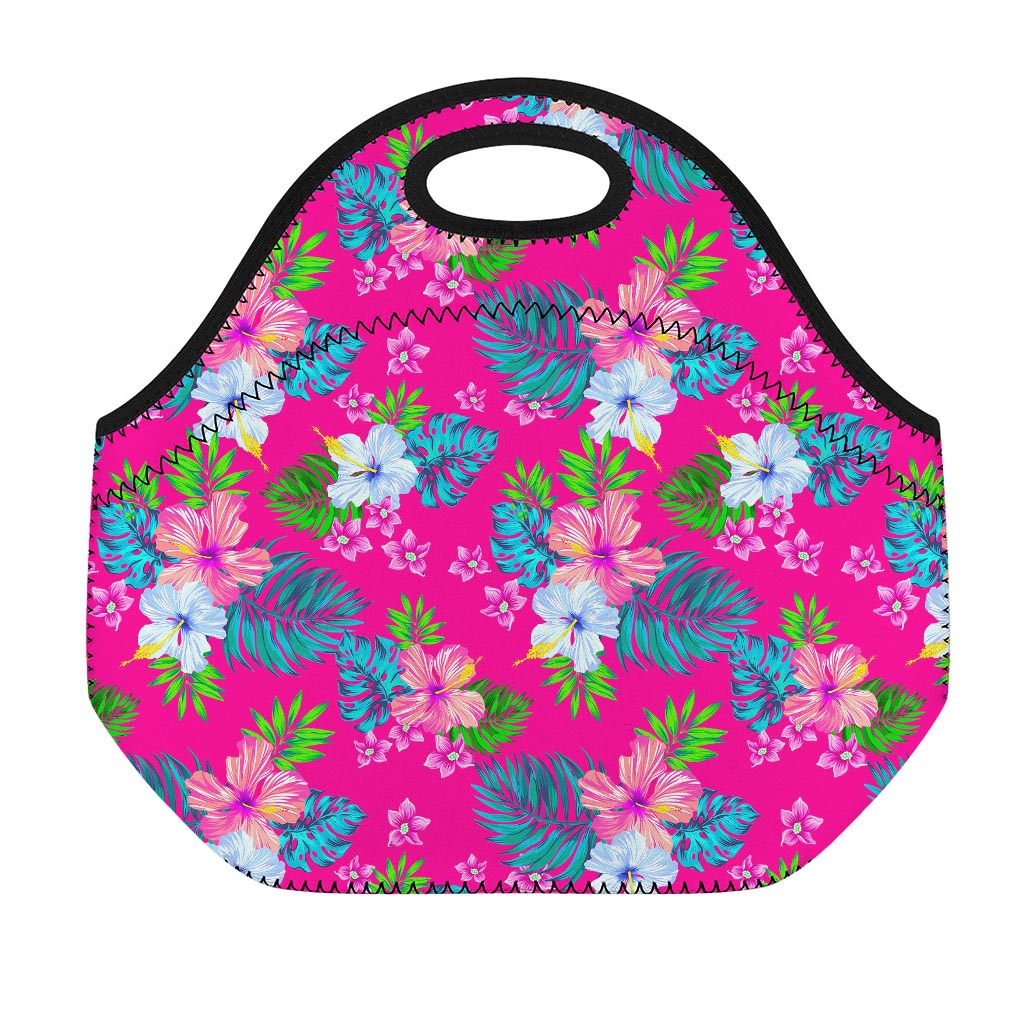 Hot Pink Aloha Hibiscus Pattern Print Neoprene Lunch Bag