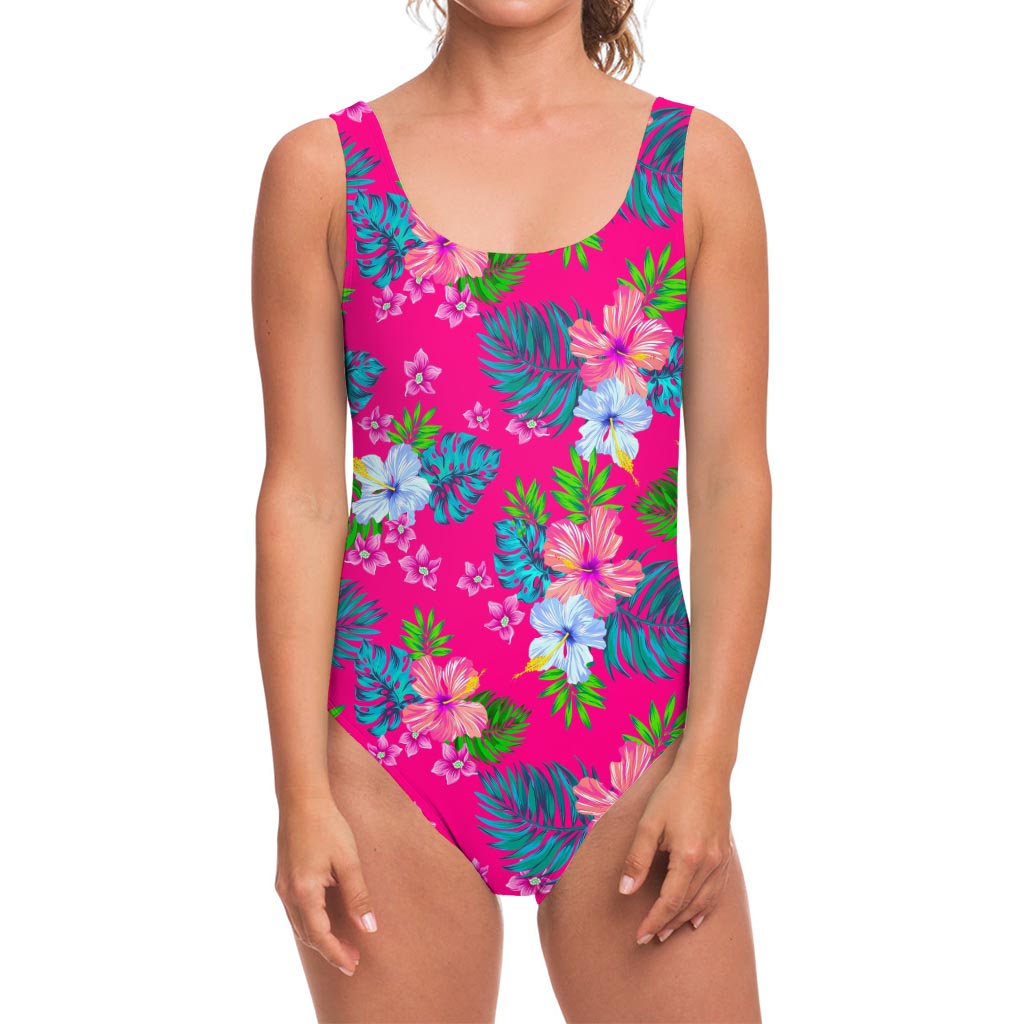Hot Pink Aloha Hibiscus Pattern Print One Piece Swimsuit