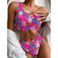 Hot Pink Aloha Hibiscus Pattern Print One Shoulder Bikini Set