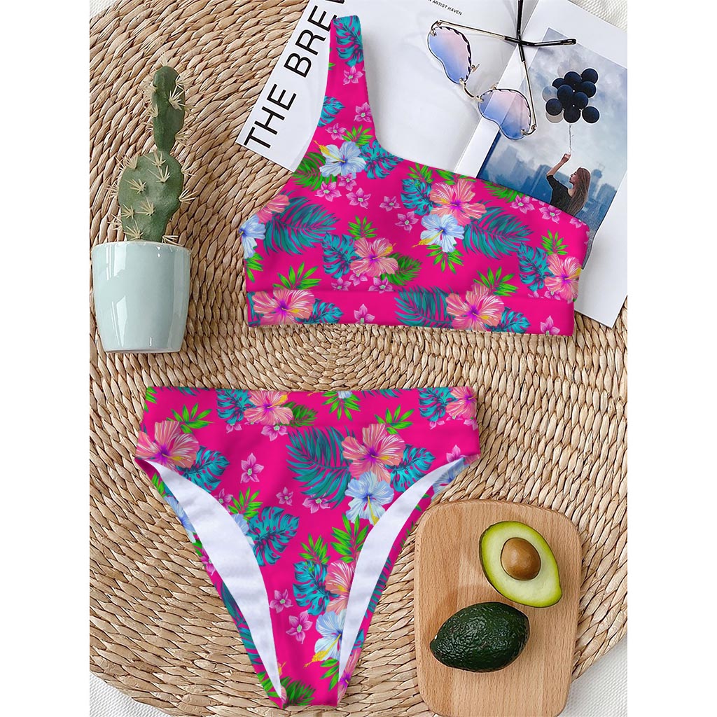 Hot Pink Aloha Hibiscus Pattern Print One Shoulder Bikini Top