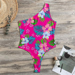 Hot Pink Aloha Hibiscus Pattern Print One Shoulder Bodysuit