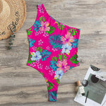 Hot Pink Aloha Hibiscus Pattern Print One Shoulder Bodysuit