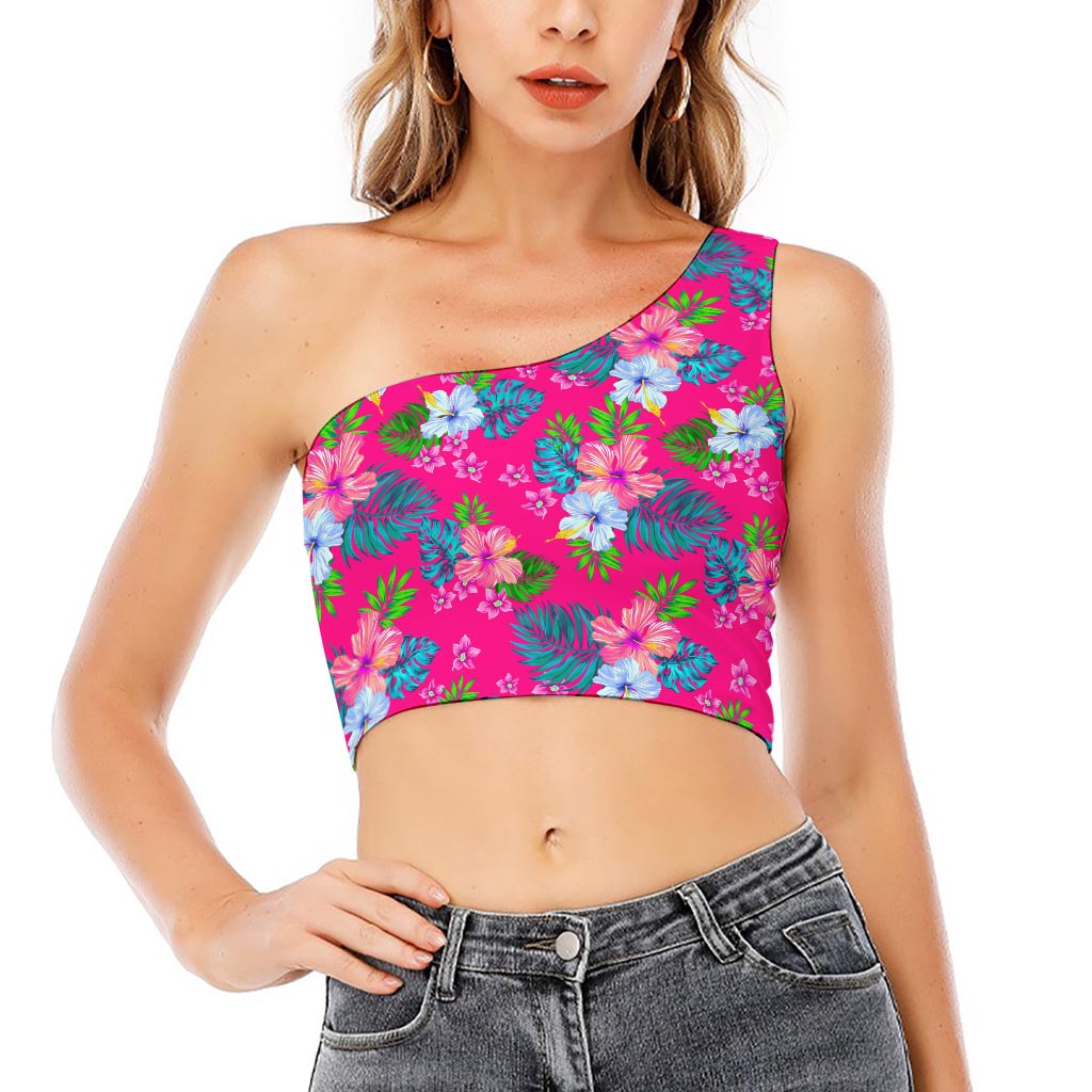 Hot Pink Aloha Hibiscus Pattern Print One Shoulder Crop Top