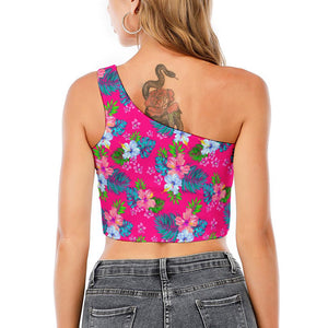 Hot Pink Aloha Hibiscus Pattern Print One Shoulder Crop Top