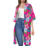 Hot Pink Aloha Hibiscus Pattern Print Open Front Beach Cover Up