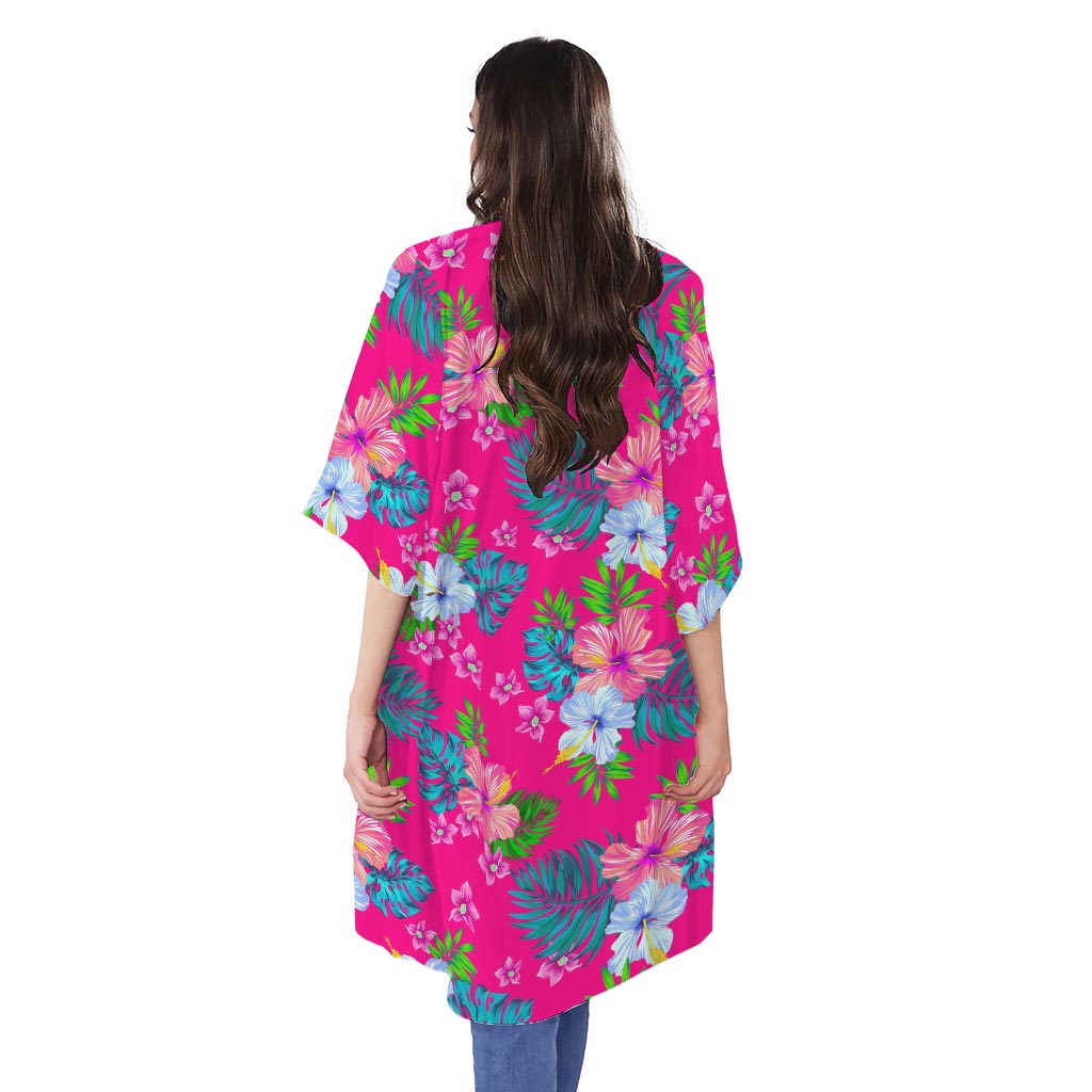 Hot Pink Aloha Hibiscus Pattern Print Open Front Beach Cover Up