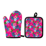 Hot Pink Aloha Hibiscus Pattern Print Oven Mitt And Pot Holder Set
