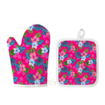 Hot Pink Aloha Hibiscus Pattern Print Oven Mitt And Pot Holder Set