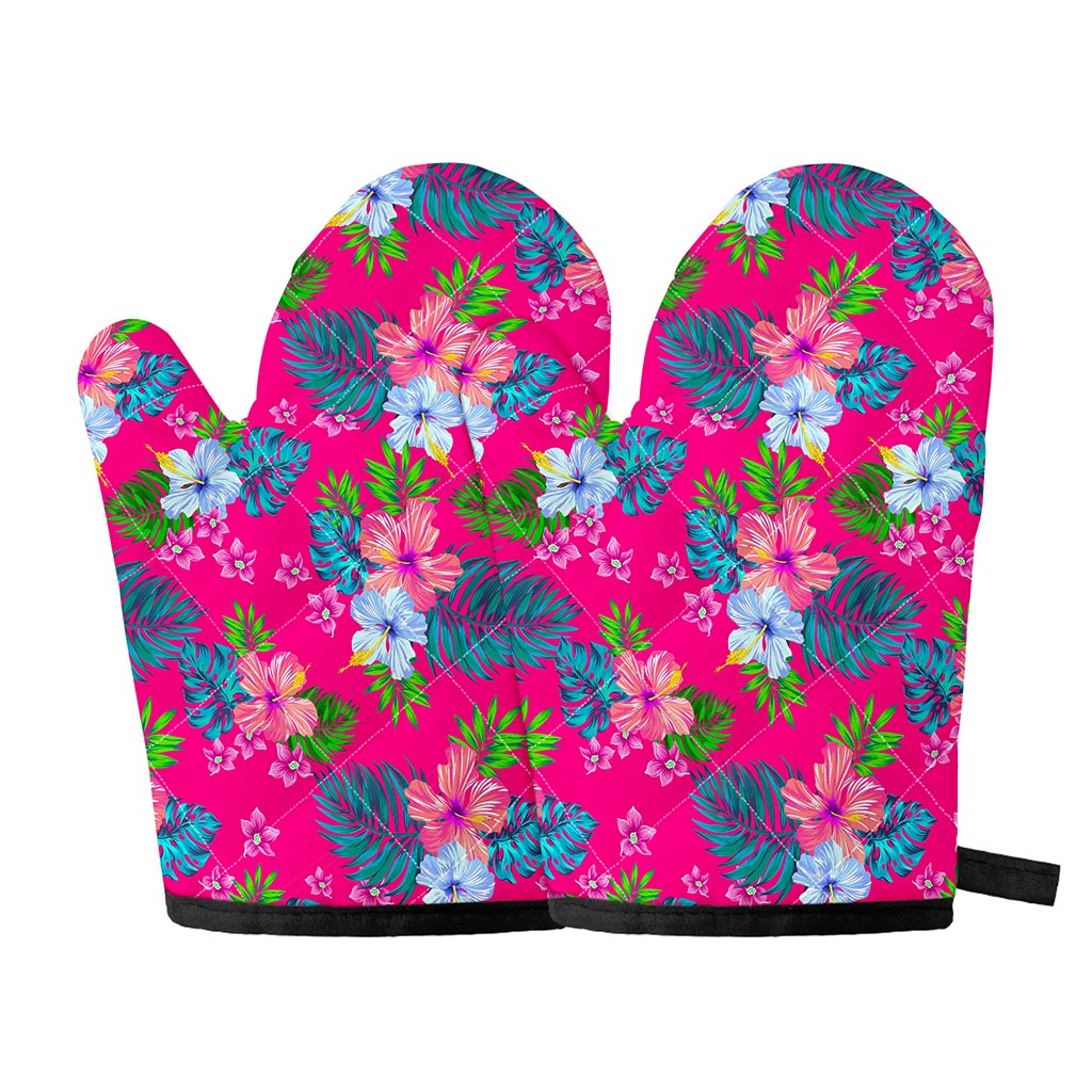 Hot Pink Aloha Hibiscus Pattern Print Oven Mitts