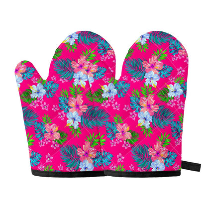 Hot Pink Aloha Hibiscus Pattern Print Oven Mitts