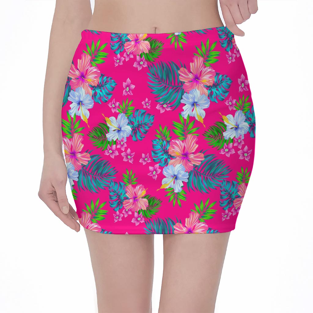 Hot Pink Aloha Hibiscus Pattern Print Pencil Mini Skirt