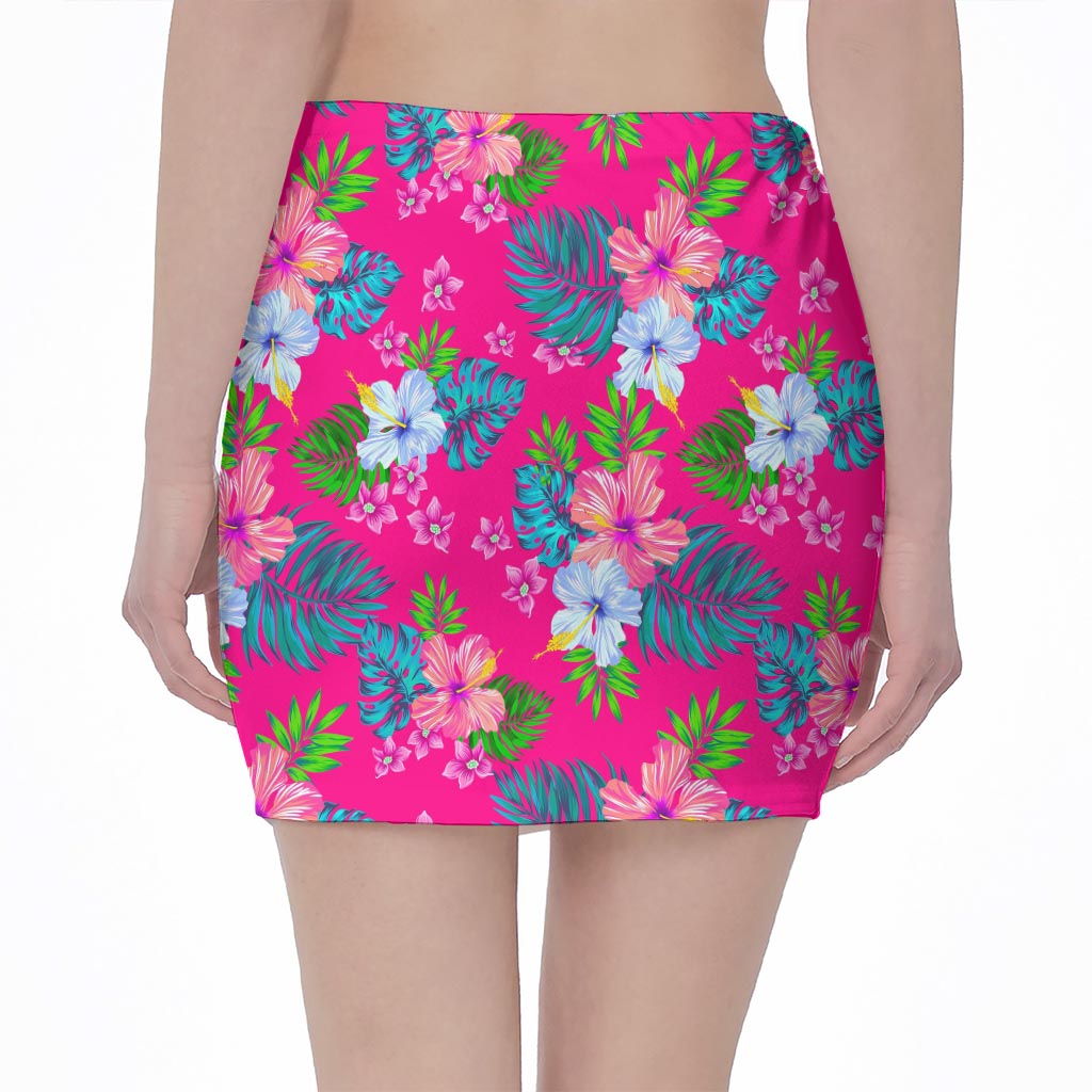 Hot Pink Aloha Hibiscus Pattern Print Pencil Mini Skirt