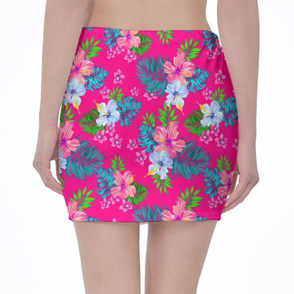 Hot Pink Aloha Hibiscus Pattern Print Pencil Mini Skirt