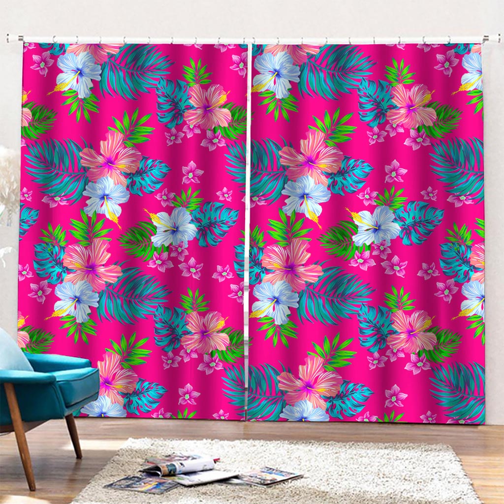 Hot Pink Aloha Hibiscus Pattern Print Pencil Pleat Curtains