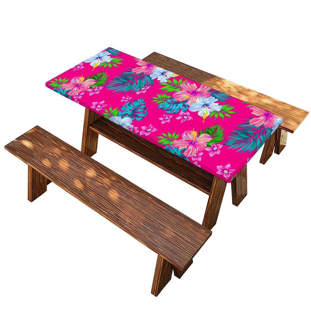 Hot Pink Aloha Hibiscus Pattern Print Picnic Table Cover
