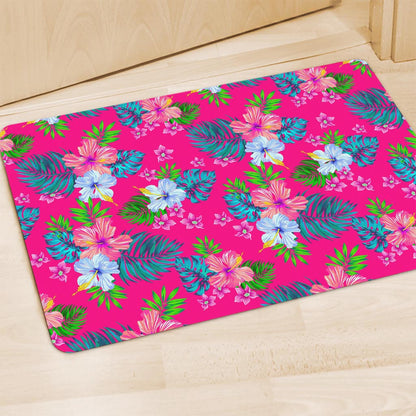 Hot Pink Aloha Hibiscus Pattern Print Polyester Doormat