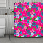 Hot Pink Aloha Hibiscus Pattern Print Polyester Shower Curtain