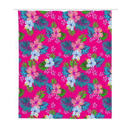 Hot Pink Aloha Hibiscus Pattern Print Polyester Shower Curtain