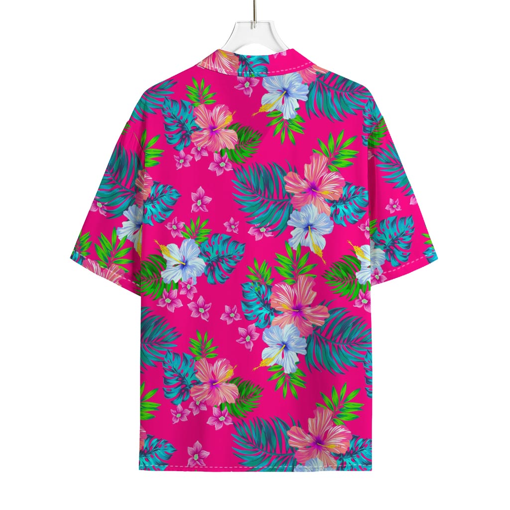 Hot Pink Aloha Hibiscus Pattern Print Rayon Hawaiian Shirt