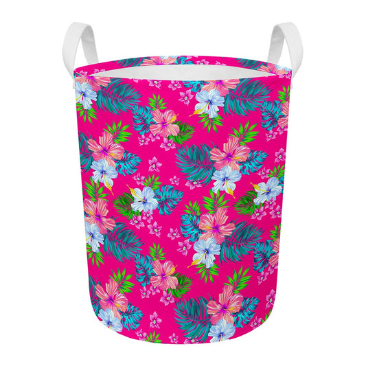 Hot Pink Aloha Hibiscus Pattern Print Round Laundry Basket