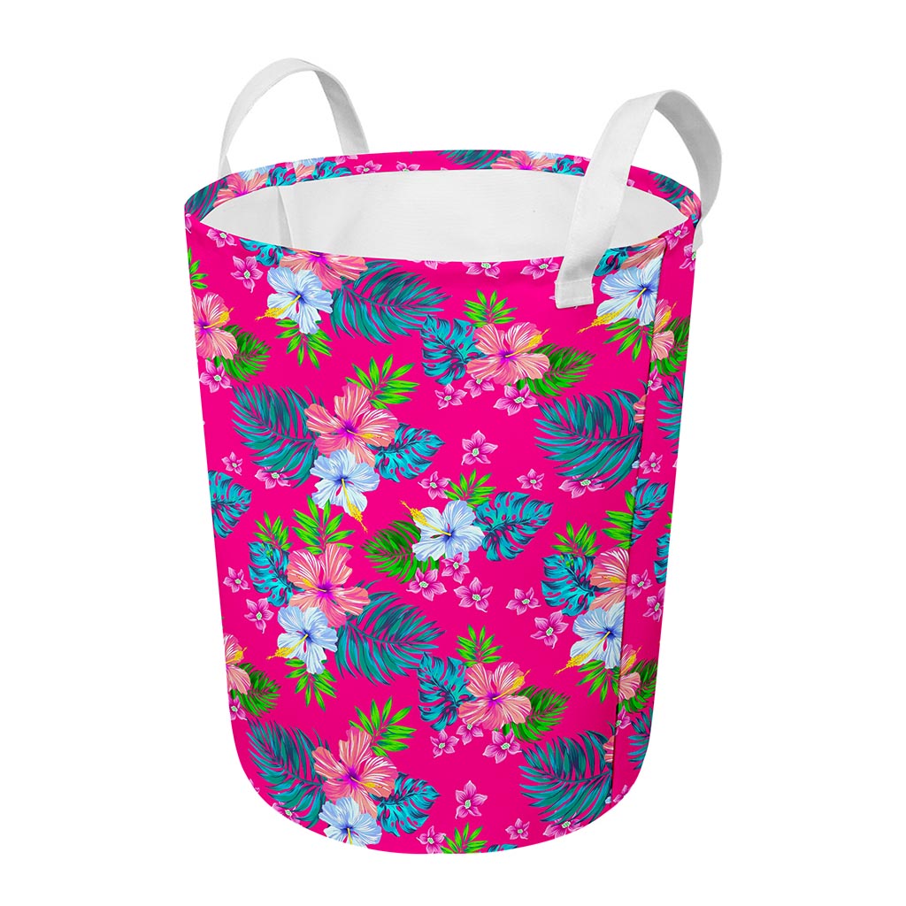 Hot Pink Aloha Hibiscus Pattern Print Round Laundry Basket