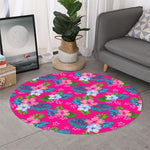 Hot Pink Aloha Hibiscus Pattern Print Round Rug