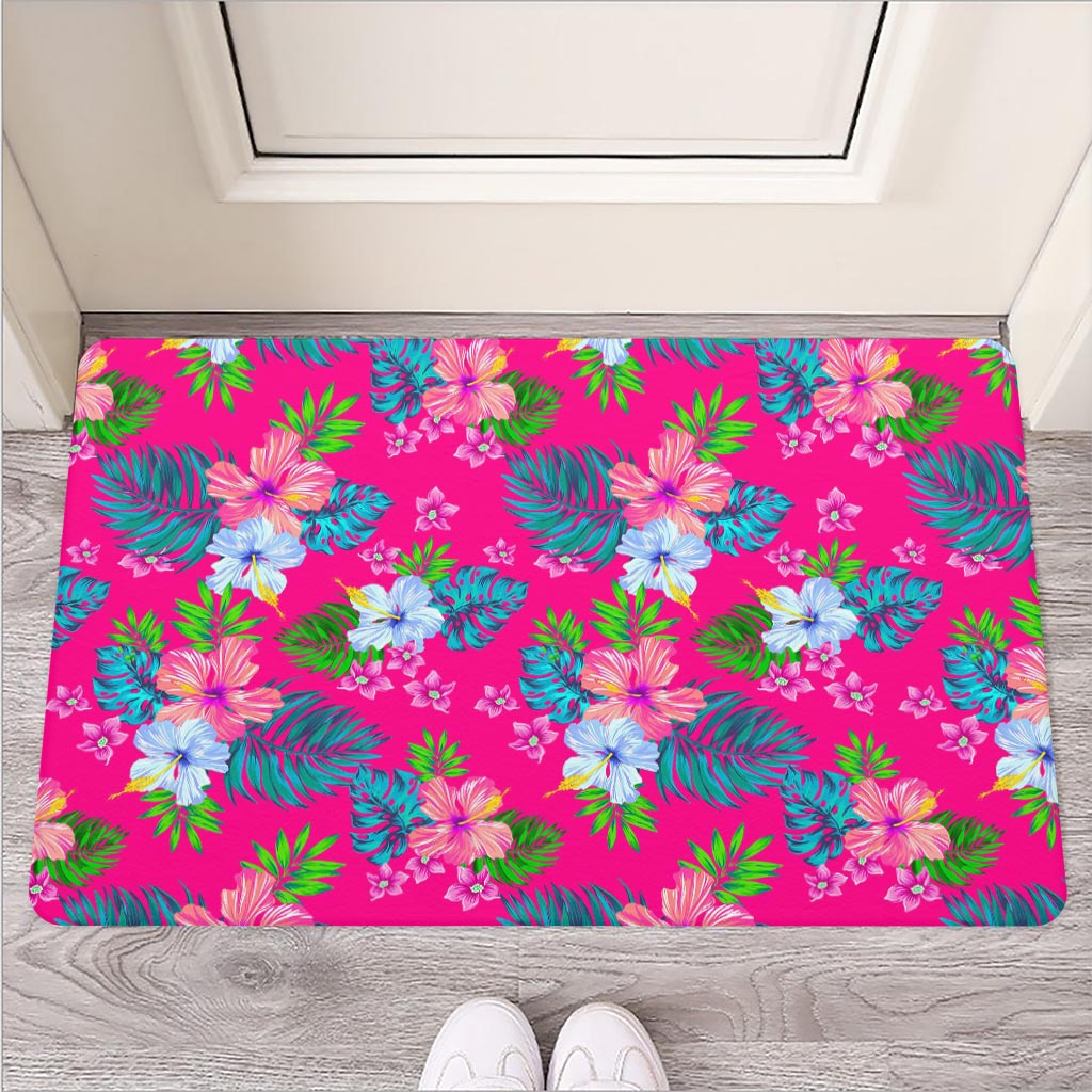Hot Pink Aloha Hibiscus Pattern Print Rubber Doormat
