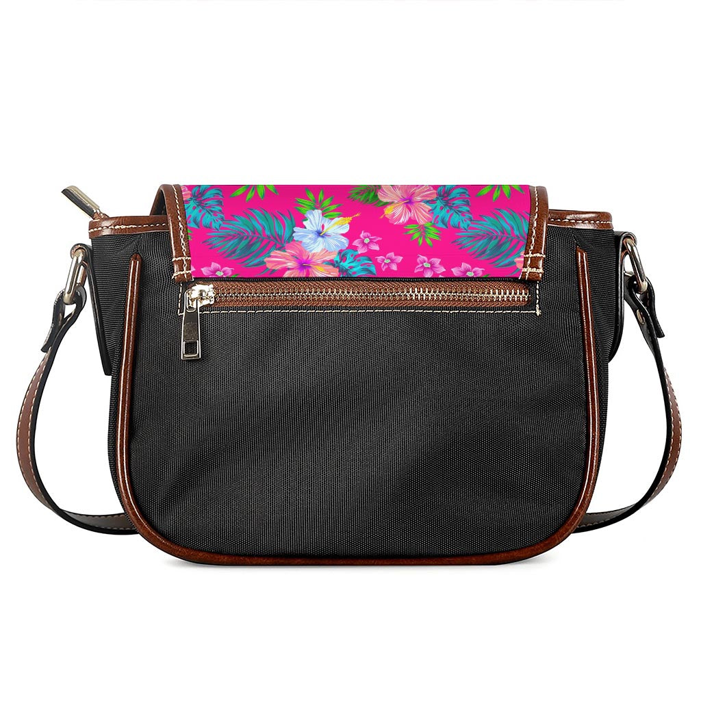 Hot Pink Aloha Hibiscus Pattern Print Saddle Bag