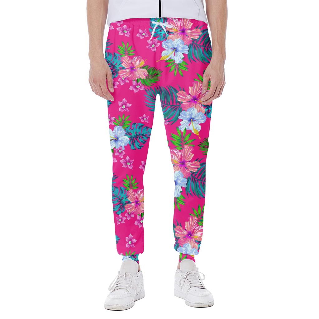 Hot Pink Aloha Hibiscus Pattern Print Scuba Joggers