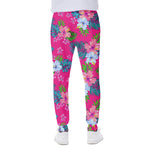 Hot Pink Aloha Hibiscus Pattern Print Scuba Joggers