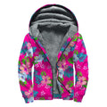 Hot Pink Aloha Hibiscus Pattern Print Sherpa Lined Zip Up Hoodie