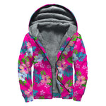 Hot Pink Aloha Hibiscus Pattern Print Sherpa Lined Zip Up Hoodie