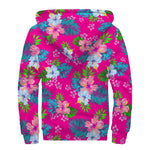 Hot Pink Aloha Hibiscus Pattern Print Sherpa Lined Zip Up Hoodie