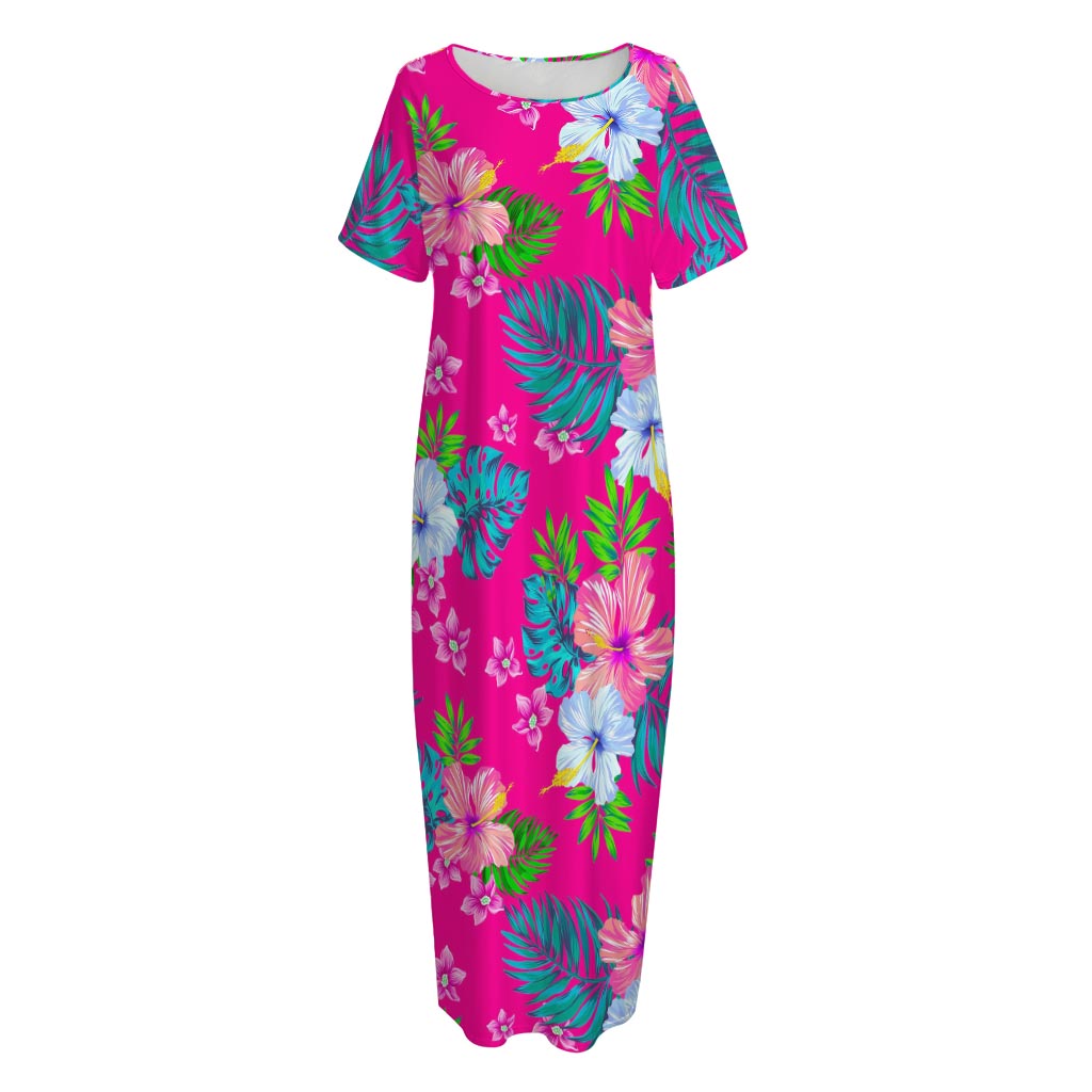 Hot Pink Aloha Hibiscus Pattern Print Short Sleeve Long Nightdress